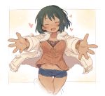  1girl 7010 :d ^_^ black_hair blush bracelet breasts cleavage closed_eyes coat dark_skin fur_trim heart idolmaster idolmaster_cinderella_girls jewelry large_breasts natalia_(idolmaster) navel open_mouth outstretched_arms short_hair short_shorts shorts smile solo 