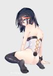  1girl arm arm_support ass back bare_arms bare_back black_hair black_legwear blue_eyes breasts corset grey_background hair_between_eyes kill_la_kill legs lingerie looking_at_viewer looking_back matoi_ryuuko mittsun multicolored_hair redhead short_hair simple_background sitting solo strapless thigh-highs two-tone_hair underwear wrist_cuffs 