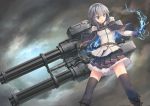  1girl black_legwear black_skirt blue_eyes boots capelet gatling_gun grey_hair gun highres huge_weapon jacket lightning magic multiple_barrel_gun murano_(ursa_polaris) original petticoat pleated_skirt rotary_cannon short_hair skirt standing storm_cloud thigh-highs weapon zettai_ryouiki 