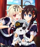  2girls ;d admiral_(kantai_collection) ahoge artist_request blonde_hair blue_eyes braid brown_hair commentary dog eyepatch fingerless_gloves gloves gradient_hair hair_flaps hair_ornament hair_ribbon hairclip hat kantai_collection long_hair multicolored_hair multiple_girls neckerchief one_eye_closed open_mouth peaked_cap pleated_skirt red_eyes remodel_(kantai_collection) ribbon scarf shigure_(kantai_collection) single_braid skirt smile white_scarf yuudachi_(kantai_collection) 