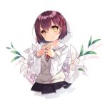  1girl blush brown_hair flower hair_ribbon lily_(flower) long_sleeves looking_at_viewer original ribbon saru short_hair simple_background smile solo white_background yellow_eyes 