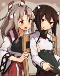  2girls anchor blush book brown_eyes brown_hair chair flat_chest hachimaki headband headgear high_ponytail japanese_clothes kantai_collection light_brown_hair long_hair looking_at_another multiple_girls open_mouth rimukoro short_hair sweatdrop taihou_(kantai_collection) twitter_username zuihou_(kantai_collection) 