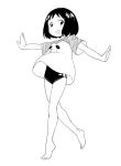  1girl barefoot blush character_request copyright_request monochrome ookamiuo open_mouth raglan_sleeves shirt short_hair simple_background solo t-shirt white_background 