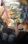 1girl absurdres bangs bare_shoulders belt belt_buckle blonde_hair bow buckle cable crying crying_with_eyes_open detached_sleeves flat_chest foreshortening green_eyes hair_bow hair_ornament hairclip headphones headset heart highres hologram kagamine_len kagamine_rin khazure kokoro_(vocaloid) light_particles looking_down midriff navel neckerchief open_mouth reaching_out ringed_eyes robot sailor_collar shirt short_hair shorts sleeveless sleeveless_shirt solo_focus staff_(music) swept_bangs tearing_up tears treble_clef vocaloid windows yellow_nails yellow_neckerchief 