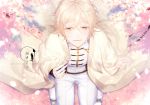  1boy blonde_hair character_name cherry_blossoms haori japanese_clothes male_focus miyamotokannn monoyoshi_sadamune petals seiza sitting smile suspenders touken_ranbu yellow_eyes 