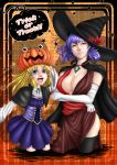  2girls adapted_costume alternate_costume autumn_leaves black_legwear blonde_hair blue_eyes border breasts cape capelet cleavage corset crossed_arms detached_sleeves dress hair_ribbon half-closed_eyes halloween hat head_tilt highres hips large_breasts lips long_hair looking_at_viewer maroon_dress mirror moriya_suwako mudix2 multiple_girls nose open_mouth outside_border parted_lips plaid plaid_background pumpkin_hat purple_dress purple_hair red_dress red_eyes ribbon shadow short_dress short_hair side_slit smile star thigh-highs tongue touhou trick_or_treat wading wide_sleeves witch_hat yasaka_kanako 