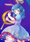  1girl bloomers blue_dress blue_hair braid dress looking_at_viewer low_twintails mallet open_mouth puffy_short_sleeves puffy_sleeves red_eyes seiran_(touhou) short_sleeves solo tomobe_kinuko touhou twintails underwear 