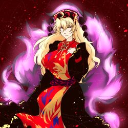  1girl animal_print aura bangs black_dress blonde_hair breasts chinese_clothes dress energy fox_tail full_body hat junko_(touhou) karakure_(kamo-nanban) large_breasts light_particles lips long_hair looking_at_viewer multiple_tails obi red_eyes ribbon sash smile solo tabard tail touhou very_long_hair 