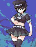  1girl adapted_costume alternate_color belt black_hair black_legwear blue_eyes chain hat looking_at_viewer midriff murasa_minamitsu neckerchief sailor_hat school_uniform serafuku shirt skirt solo thigh-highs tomobe_kinuko touhou zettai_ryouiki 