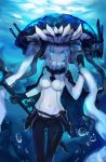 1girl absurdres annnna black_gloves blue_eyes bodysuit breasts covered_navel gloves glowing glowing_eyes headwear highres kantai_collection looking_at_viewer shinkaisei-kan solo staff turret underwater white_hair white_skin wo-class_aircraft_carrier 