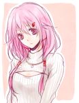  1girl breasts cleavage cleavage_cutout guilty_crown hair_ornament hairclip long_hair looking_at_viewer lowres open-chest_sweater pink_hair red_eyes ribbed_sweater solo sweater turtleneck twintails yoma yuzuriha_inori 