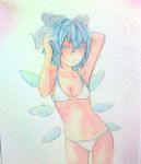  1girl arm_behind_head arms_up bikini blue_eyes blue_hair bow breasts cirno cleavage collarbone cowboy_shot hair_bow highres ice ice_wings looking_at_viewer parted_lips pink_background short_hair small_breasts smile solo swimsuit touhou traditional_media watercolor_(medium) white_bikini white_swimsuit wings yuyu_(00365676) 
