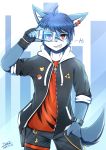  1boy animal_ears artist_name blue_hair dated furry grin highres ivan_(ffxazq) looking_at_viewer red_eyes short_hair smile solo tail 