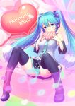  1girl blue_hair boots character_name detached_sleeves gogatsu_no_renkyuu green_eyes hatsune_miku headphones heart long_hair musical_note nail_polish necktie panties pantyshot pantyshot_(sitting) sitting skirt solo thigh-highs thigh_boots twintails underwear very_long_hair vocaloid 