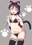  1girl :d animal_ears bangs black_legwear bodypaint bow breasts cat_ears choker cleavage cowboy_shot garters gloves hair_between_eyes hair_bow hairband looking_at_viewer love_live!_school_idol_project navel open_mouth panties paw_pose paw_print red_bow smile solo sonoda_umi sukaru573 tail text thigh-highs underwear wavy_mouth yellow_eyes 