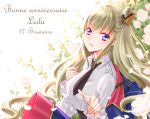  1girl blonde_hair character_name code_geass code_geass:_boukoku_no_akito double_bun flower komaichi leila_(code_geass) long_hair military military_uniform necktie petals uniform very_long_hair violet_eyes 