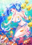  1girl :d angelfish bikini blue_bikini blue_hair bracelet breasts cleavage clownfish coral highres jewelry large_breasts open_mouth red_eyes side-tie_bikini smile striped striped_bikini striped_swimsuit swimsuit tagme underwater 