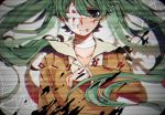  1girl bandage_over_one_eye blood collarbone cracked_glass cuts eiku green_eyes green_hair hatsune_miku injury long_hair looking_at_viewer rolling_girl_(vocaloid) solo sweater vocaloid 