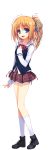  1girl absurdres blue_eyes full_body hand_on_own_chest highres kizuna long_sleeves looking_at_viewer open_clothes orange_hair pleated_skirt reminiscence ribbon school_uniform shoes side_ponytail simple_background skirt smile tomose_shunsaku transparent_background 
