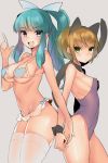  2girls :d animal_ears bare_shoulders bikini blue_eyes blush breasts brown_hair cat_ears cat_tail detached_collar fake_animal_ears golden_sun green_eyes green_hair hair_ribbon large_breasts long_hair looking_at_viewer mary_(golden_sun) multiple_girls naso4 navel open_mouth ponytail ribbon shiba_(golden_sun) short_hair sketch small_breasts smile swimsuit tail thigh-highs white_legwear wrist_cuffs 