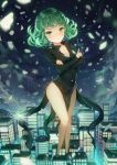  1girl :o bangs black_dress black_shoes blush breasts building city cleavage clouds curly_hair dangmill dress flower full_body green_eyes green_hair highres levitation long_sleeves looking_at_viewer night night_sky onepunch_man shoes short_hair side_slit sky solo tatsumaki 