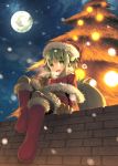  1boy boots brick_wall brown_gloves christmas christmas_tree from_below gloves goddandies green_eyes green_hair hat looking_at_viewer moon open_mouth pointy_ears red_boots resi santa_boots santa_hat shota sitting_on_wall snow solo summon_night 