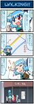  &gt;:d 1girl 4koma :d artist_self-insert blue_hair cellphone clenched_hand comic commentary directional_arrow dropping geta gradient gradient_background heterochromia highres hot juliet_sleeves karakasa_obake long_sleeves long_tongue map mizuki_hitoshi open_mouth phone puffy_sleeves shading_eyes short_hair sign skirt smile sunlight sweat tatara_kogasa tongue tongue_out touhou translated umbrella vest 