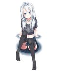  1girl ahoge black_legwear black_panties blue_eyes collar highres long_hair looking_at_viewer low_twintails namuru_(kurinton) navel original panties pantyshot silver_hair simple_background sitting skirt smile solo thigh-highs twintails underwear white_background 