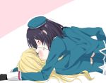  2girls atago_(kantai_collection) black_hair blonde_hair blush closed_eyes girl_on_top hat hat_removed headwear_removed hug kantai_collection kiss long_hair md5_mismatch multiple_girls short_hair sui_(camellia) takao_(kantai_collection) uniform yuri 