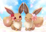  :d ^_^ blue_sky blush brown_fur closed_eyes eevee flower looking_at_viewer no_humans open_mouth petals pink_ribbon pointy_ears pokemon pokemon_(creature) pokemon_(game) pokemon_rgby red_eyes red_rose ribbon rose semi_(delcatty) sitting sky smile white_rose 