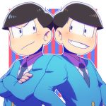  2boys black_hair bowl_cut brothers crossed_arms formal hands_on_hips ittunn karamatsu male_focus matching_outfit multiple_boys osomatsu-kun osomatsu-san osomatsu_(osomatsu-kun) outside_border siblings smile striped striped_background suit upper_body 