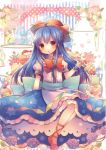  1girl blue_hair dress flower food fork full_body hat highres hinanawi_tenshi layered_dress leg_ribbon long_hair looking_at_viewer open_mouth pjrmhm_coa puffy_sleeves red_eyes ribbon sash scan shoes short_sleeves sitting solo striped striped_background sweets touhou wrist_cuffs 