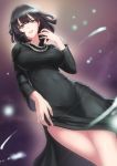  1girl aqua_eyes arm_at_side black_dress black_hair breasts dress dutch_angle from_below fubuki_(onepunch_man) jewelry large_breasts long_sleeves looking_at_viewer magic meto31 necklace onepunch_man parted_lips pearl_necklace short_hair side_slit smile solo taut_clothes 