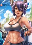  3girls :d abs airplane armpits artist_name bare_arms bikini blonde_hair blue_sky breasts brown_eyes character_name cleavage collarbone covered_nipples cowboy_shot cruiser eyepatch glint hair_between_eyes hairband headgear kantai_collection large_breasts looking_to_the_side machinery mechanical_halo multiple_girls muscle navel neckerchief open_mouth outdoors outstretched_arms patreon purple_hair school_uniform see-through serafuku shimakaze_(kantai_collection) ship short_hair signature skindentation sky smile standing standing_on_water swimsuit tatsuta_(kantai_collection) tenryuu_(kantai_collection) warship water white_bikini white_swimsuit zen_(jirakun) 