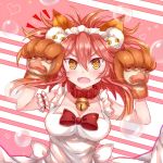  1girl animal_ears apron bell bell_collar breasts caster_(fate/extra) cleavage collar collarbone fate/grand_order fate/stay_night fate_(series) fox_ears fox_tail hair_ribbon large_breasts long_hair looking_at_viewer open_mouth pink_hair ribbon soda_(sodachuxd) solo tail tamamo_cat_(fate/grand_order) type-moon yellow_eyes 