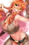  1girl ahoge armpits bare_shoulders blush breasts chaps cleavage cow_girl freckles fringe gloves green_eyes large_breasts long_hair looking_at_viewer midriff naso4 navel open_mouth orange_hair original sideboob simple_background sketch smile solo white_background 