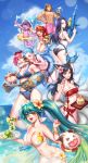  1boy 6+girls :d ahri animal_ears annie_hastur aqua_eyes aqua_hair ass bikini black_bikini black_hair blue_eyes blue_hair bottle bracelet braid breasts drink flower food fox_ears fox_tail fruit glass green_eyes hair_flower hair_ornament hat highres ice_cream jewelry jinx_(league_of_legends) large_breasts league_of_legends lemon long_hair looking_at_viewer lulu_(league_of_legends) multiple_girls multiple_tails navel ocean open_mouth popsicle poro_(league_of_legends) prrr purple_skirt red_bikini red_eyes redhead skirt smile sona_buvelle spoon stuffed_animal stuffed_toy swimsuit tail taric teddy_bear twin_braids twintails twitter_username very_long_hair vi_(league_of_legends) water_gun yellow_eyes 