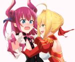  2girls :d ahoge blonde_hair blue_eyes breasts epaulettes fang fate/extra fate/extra_ccc fate_(series) green_eyes hair_ribbon horns lancer_(fate/extra_ccc) long_hair moninora_(moninora83) multiple_girls open_mouth pointy_ears purple_hair ribbon saber_extra short_hair simple_background smile white_background 
