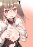  1girl beefjk blush brown_eyes brown_hair covered_nipples fang highres kantai_collection small_breasts solo taihou_(kantai_collection) torn_clothes 