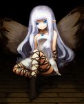  1girl aerie_(bravely_default) bad_id bad_pixiv_id bare_shoulders blue_eyes bravely_default:_flying_fairy bravely_default_(series) collarbone dress fairy kurage_(kurageru) long_hair pointy_ears short_dress silver_hair sitting smile solo strapless strapless_dress thigh_strap very_long_hair wings 