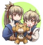  2boys blush brown_eyes father_and_son fire_emblem fire_emblem_if gloves grey_hair kisaragi_(fire_emblem_if) kizuki_miki long_hair multiple_boys open_mouth ponytail stuffed_animal stuffed_toy takumi_(fire_emblem_if) teddy_bear white_background 