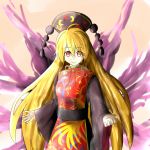  1girl ao-shiba blonde_hair chinese_clothes crescent hat junko_(touhou) long_hair red_eyes solo touhou very_long_hair wide_sleeves 