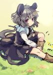  1girl animal_ears boots dress grey_dress grey_hair long_sleeves looking_at_viewer mouse_ears mouse_tail nazrin open_mouth red_eyes sitting solo tail tomobe_kinuko touhou 