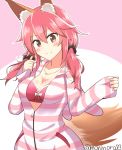  1girl animal_ears blush breasts brown_eyes caster_(fate/extra) cleavage fate/extra fate_(series) fox_ears fox_tail jacket long_hair looking_at_viewer moninora_(moninora83) simple_background smile solo striped tail track_jacket twintails twitter_username white_background 