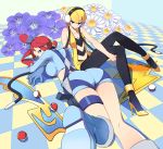  2girls ankle_cuffs badge bangs blonde_hair blue_eyes blunt_bangs boots breasts cable checkered checkered_floor cleavage flower fuuro_(pokemon) gym_leader gym_leader_badge hair_bun hair_ornament high_heels highres kamitsure_(pokemon) large_breasts long_hair lying multiple_girls on_stomach pants poke_ball pokemon pokemon_(game) pokemon_bw redhead shadow shorts sitting sleeveless small_breasts suspenders thigh_strap tm_(hanamakisan) 