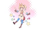  1girl absurdres animal_ears blonde_hair blush_stickers bokushi boots dog_ears elin_(tera) fang gloves highres long_hair navel no_pants open_mouth outstretched_arms panties sleeveless smile solo standing_on_one_leg star striped striped_legwear tail tera_online thigh-highs twintails underwear vest violet_eyes 