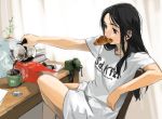  1girl akai_sashimi bag black_eyes black_hair book carrot chair coffee croissant crossed_legs cup curtains eraser food_in_mouth kettle long_hair mouth_hold mug original overflow paper plant revision shirt sitting solo steam t-shirt table vise 