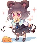  1girl animal_ears bow cheese chibi dowsing_rod dress gem grey_dress grey_hair jewelry long_sleeves looking_at_viewer mouse_ears mouse_tail nazrin necklace pendant red_eyes shirt smile solo sparkle tail tomobe_kinuko touhou 