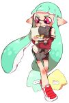  1girl absurdres aqua_hair bike_shorts bowtie domino_mask fangs highres inkling jajji-kun_(splatoon) long_hair magenta_eyes mask pointy_ears simple_background splatoon squid stuffed_animal stuffed_toy tentacle_hair yuki 