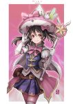  :3 artist_name bag belt blue_skirt bow bowtie brown_hair character_name earrings elbow_gloves gloves hat hat_bow hat_feather hiroki_(hirokiart) holding jewelry long_hair looking_at_viewer love_live!_school_idol_project mage pleated_skirt puffy_short_sleeves puffy_sleeves rabbit red_eyes short_sleeves skirt smile standing thigh-highs two_side_up wand white_border white_gloves white_legwear witch_hat yazawa_nico zettai_ryouiki 